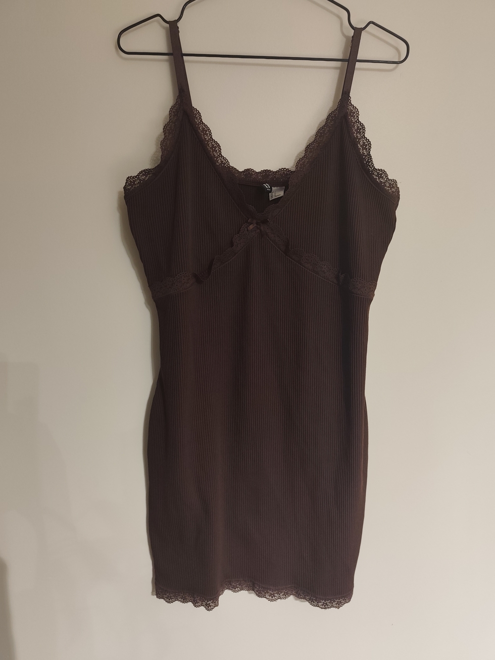 Divided Whimsical/Whimsigoth Chocolate Brown Lace-Trim Ribbed Mini Dress Size L